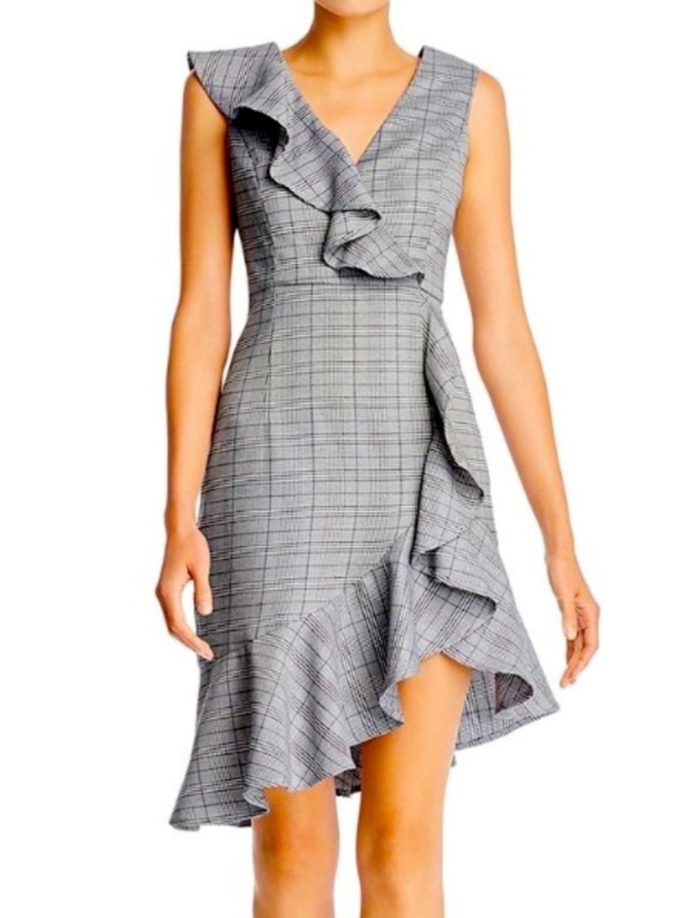 Plaid Ruffle Asymmetrical Midi Dress Gray Sleeveless Size M AQUA